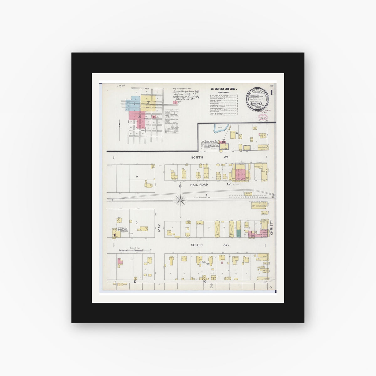 Old map wall art mockup — black gallery frame with white mat — Sanborn Fire Insurance Map from Sumner, Lawrence County, Illinois (1894), Sheet #0001