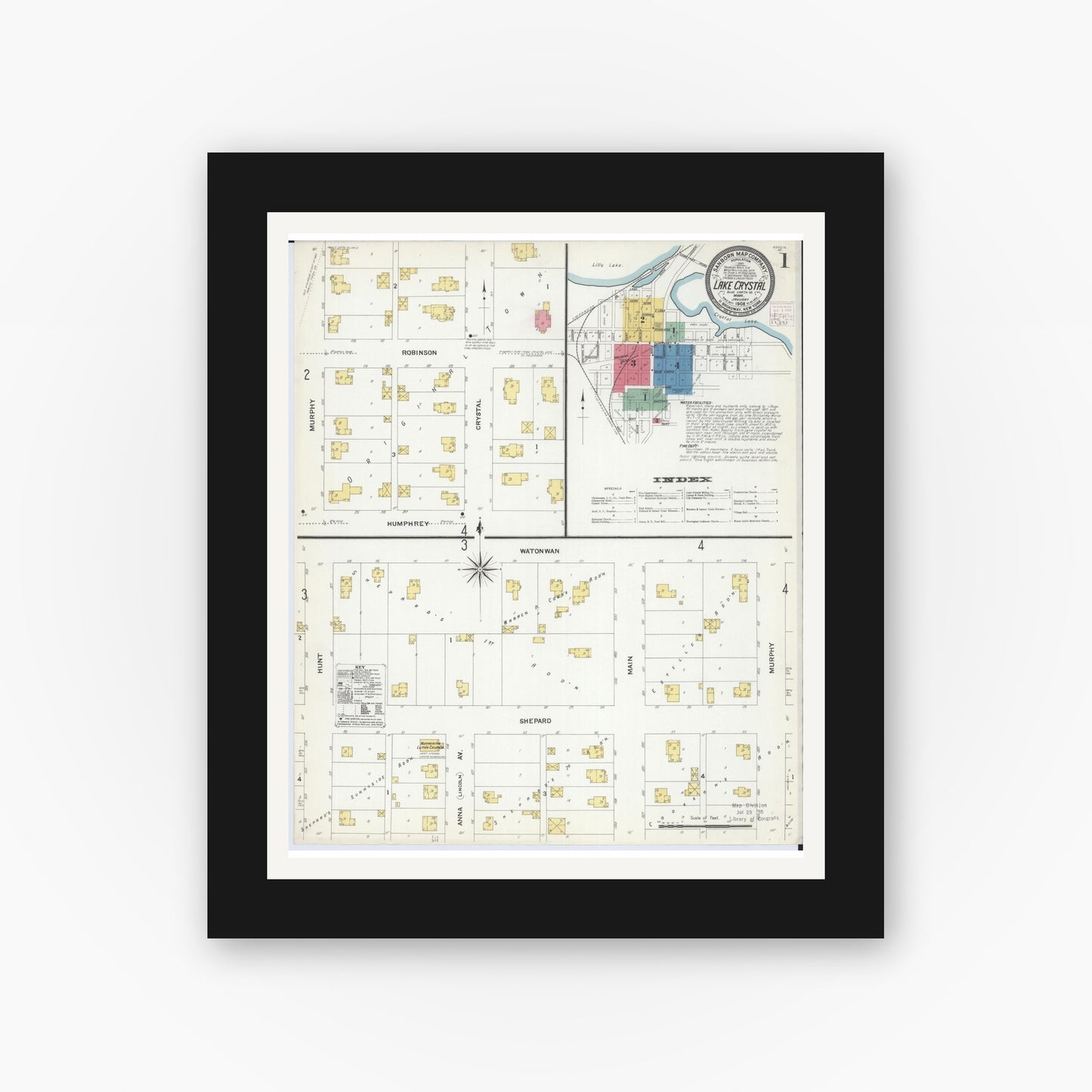 Old map wall art mockup — black gallery frame with white mat — Sanborn Fire Insurance Map from Lake Crystal, Blue Earth County, Minnesota (1908), Sheet #0001