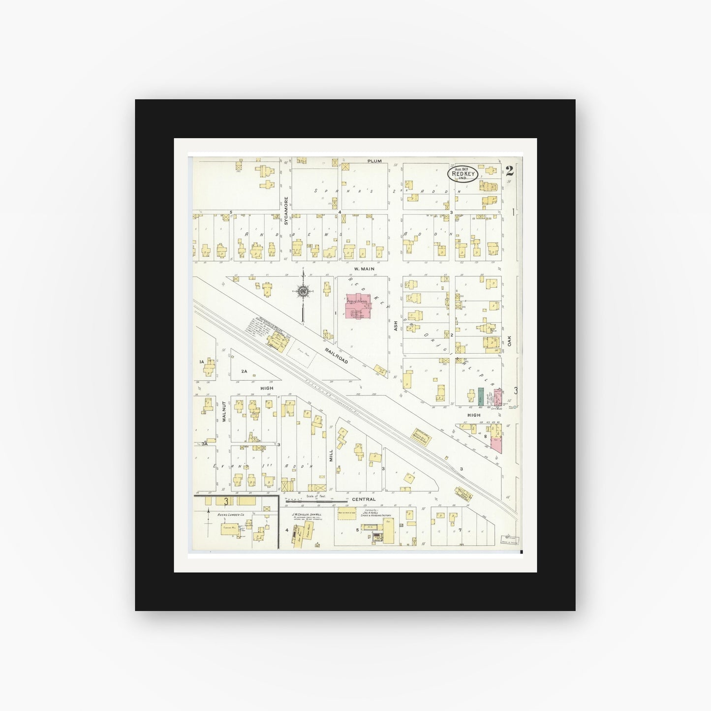 Old map wall art mockup — black gallery frame with white mat — Sanborn Fire Insurance Map from Redkey, Jay County, Indiana (1909), Sheet #0002