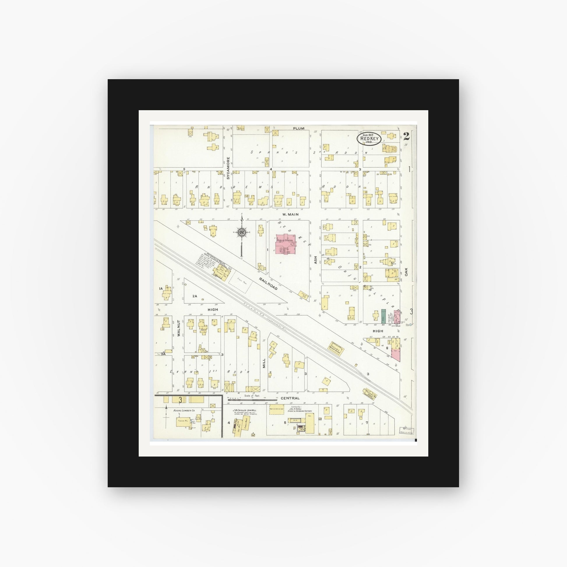 Old map wall art mockup — black gallery frame with white mat — Sanborn Fire Insurance Map from Redkey, Jay County, Indiana (1909), Sheet #0002