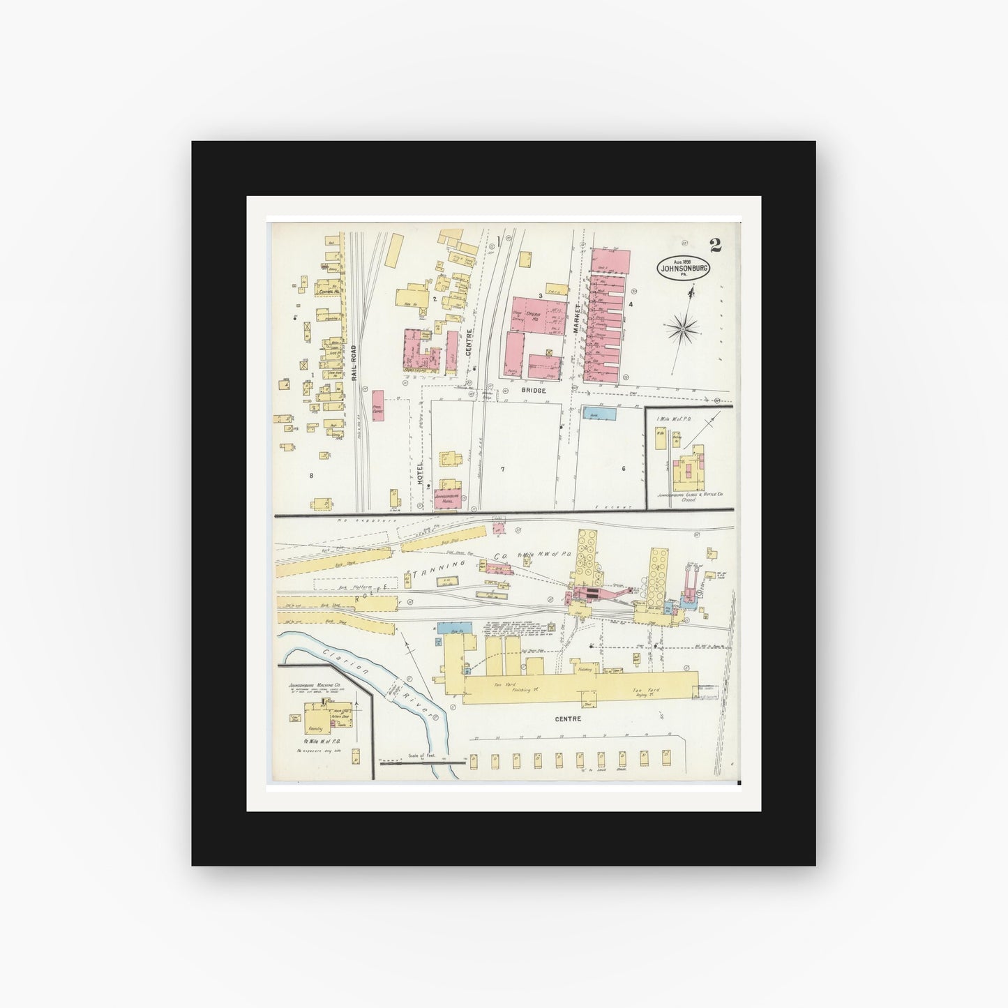 Old map wall art mockup — black gallery frame with white mat — Sanborn Fire Insurance Map from Johnsonburg, Elk County, Pennsylvania (1898), Sheet #0002