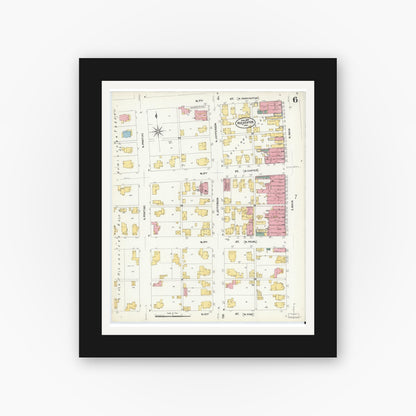 Old map wall art mockup — black gallery frame with white mat — Sanborn Fire Insurance Map from Rochester, Fulton County, Indiana (1907), Sheet #0006