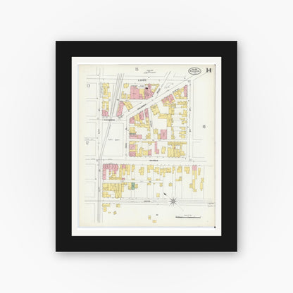 Old map wall art mockup — black gallery frame with white mat — Sanborn Fire Insurance Map from Hudson, Columbia County, New York (1903), Sheet #0014