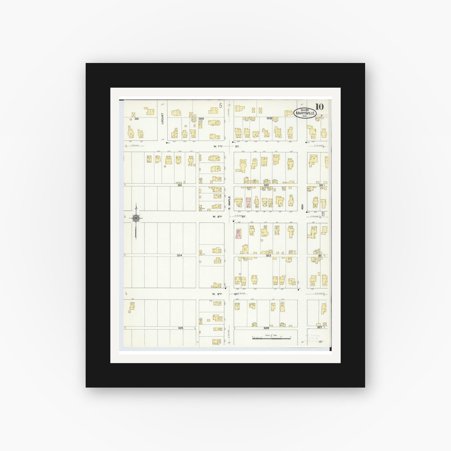 Old map wall art mockup — black gallery frame with white mat — Sanborn Fire Insurance Map from Marysville, Union County, Ohio (1910), Sheet #0010