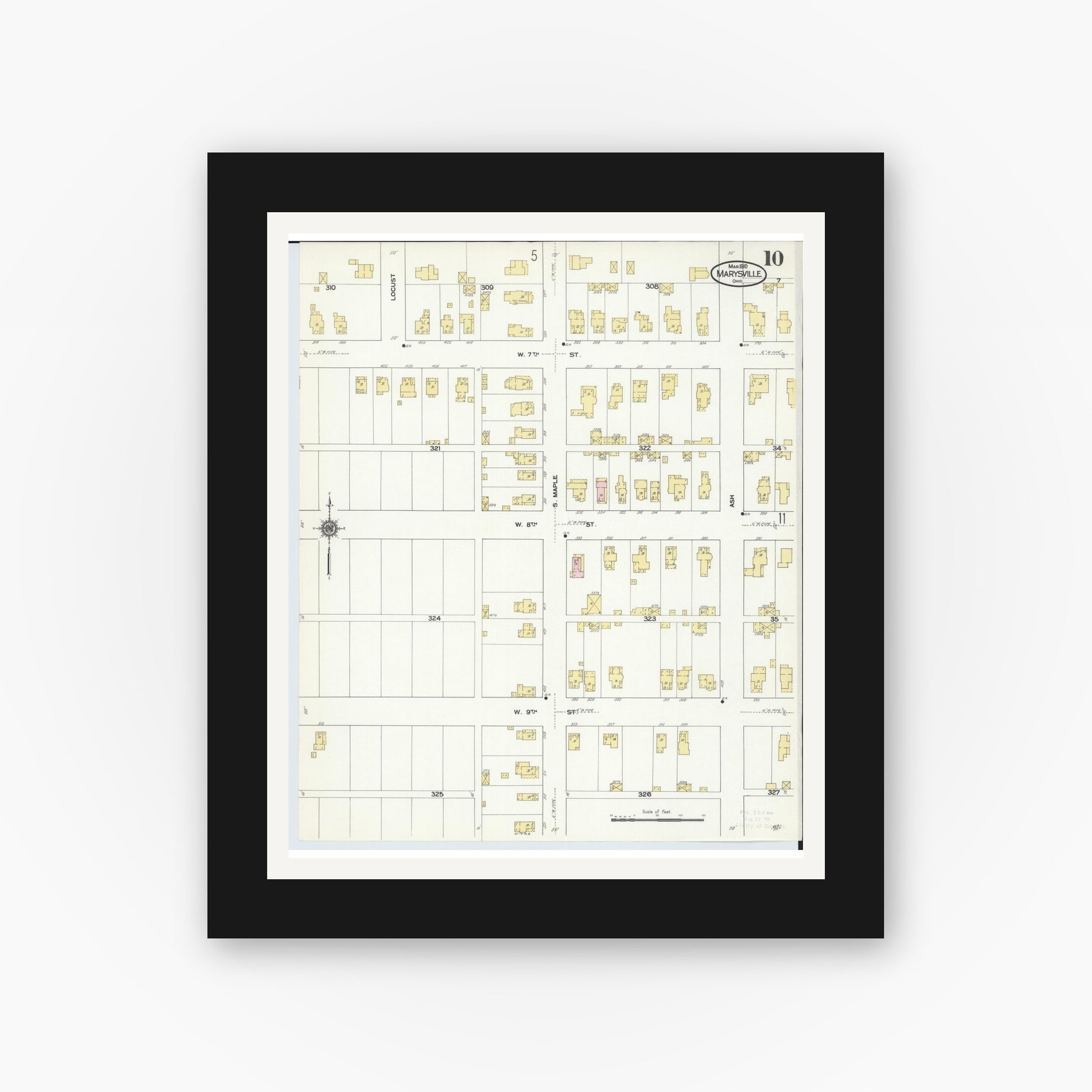 Old map wall art mockup — black gallery frame with white mat — Sanborn Fire Insurance Map from Marysville, Union County, Ohio (1910), Sheet #0010