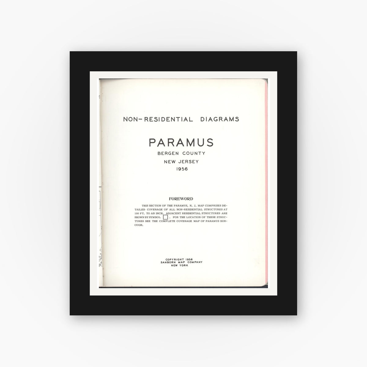 Old map wall art mockup — black gallery frame with white mat — Sanborn Fire Insurance Map from Paramus, Bergen County, New Jersey (1956), Sheet #0001