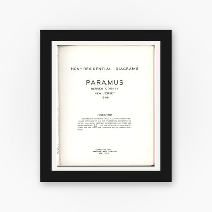 Old map wall art mockup — black gallery frame with white mat — Sanborn Fire Insurance Map from Paramus, Bergen County, New Jersey (1956), Sheet #0001