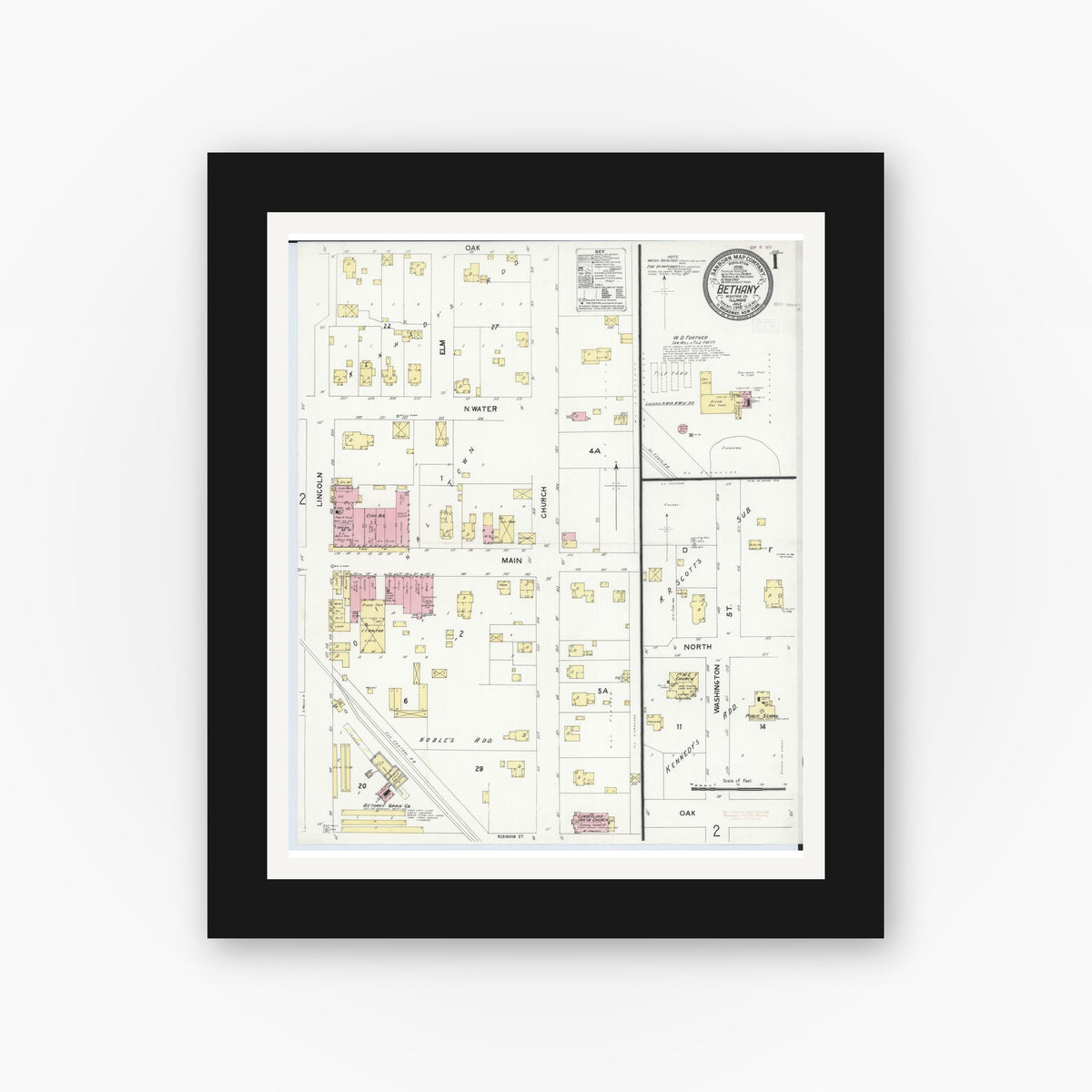 Old map wall art mockup — black gallery frame with white mat — Sanborn Fire Insurance Map from Bethany, Moultrie County, Illinois (1910) - Complete Map Set