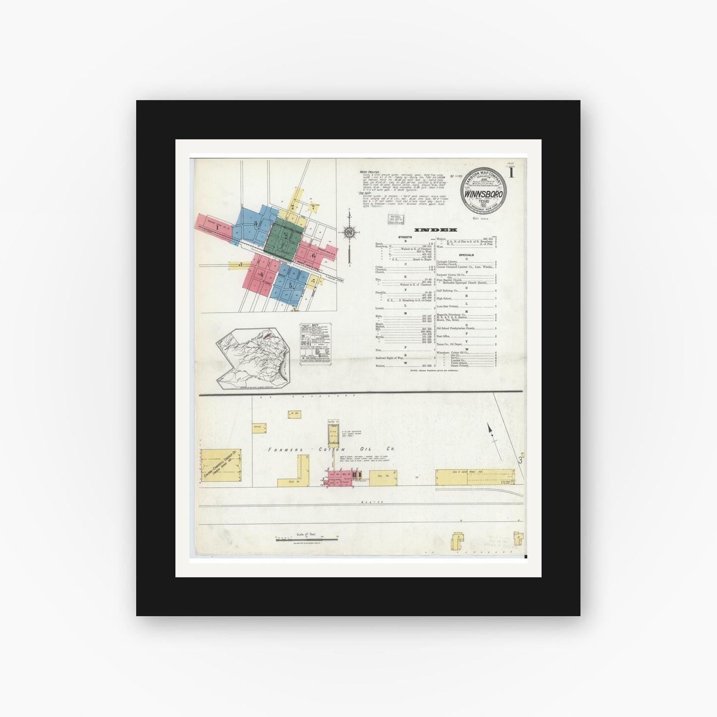Old map wall art mockup — black gallery frame with white mat — Sanborn Fire Insurance Map from Winnsboro, Wood County, Texas (1921), Sheet #0001