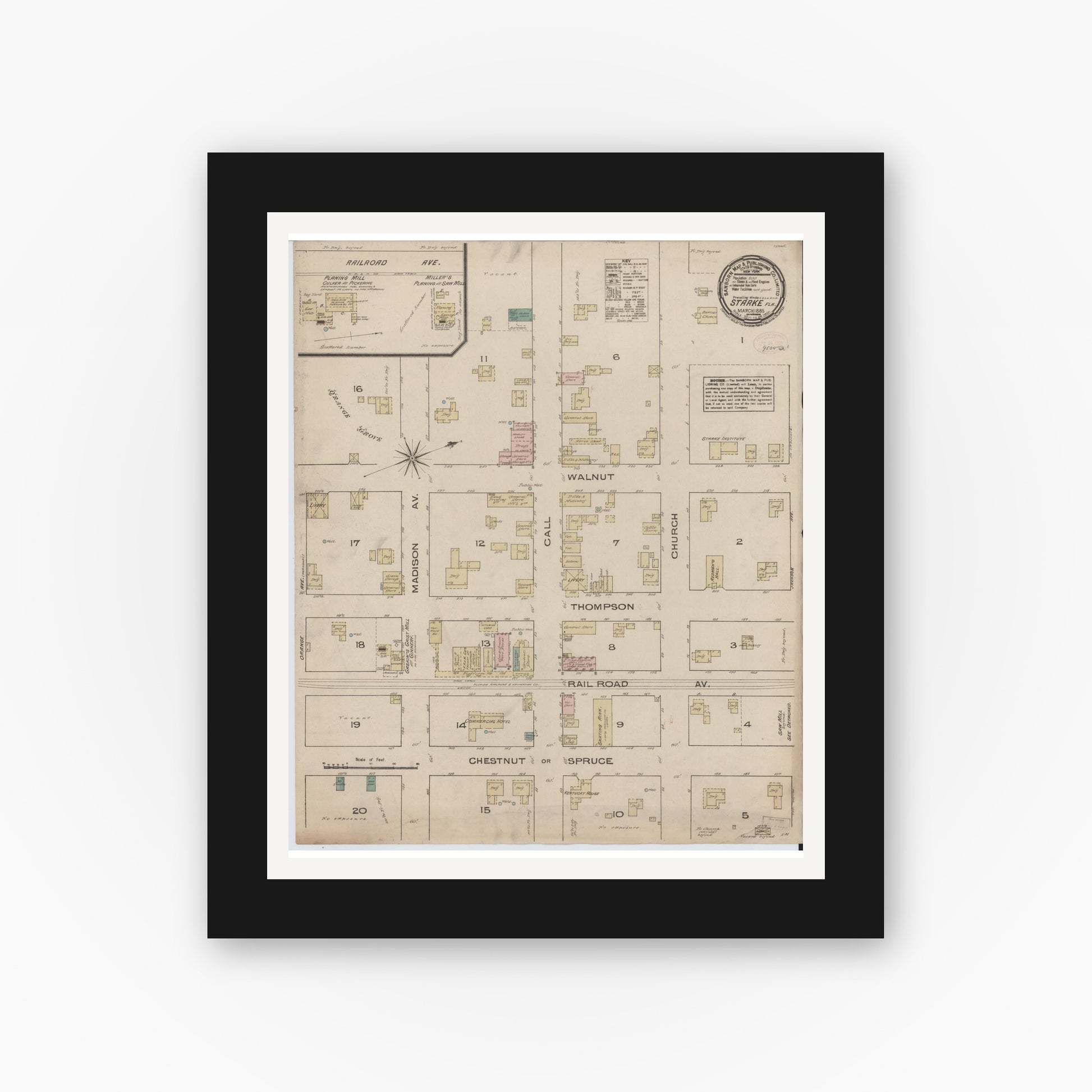 Old map wall art mockup — black gallery frame with white mat — Sanborn Fire Insurance Map from Starke, Bradford County, Florida (1885), Sheet #0001