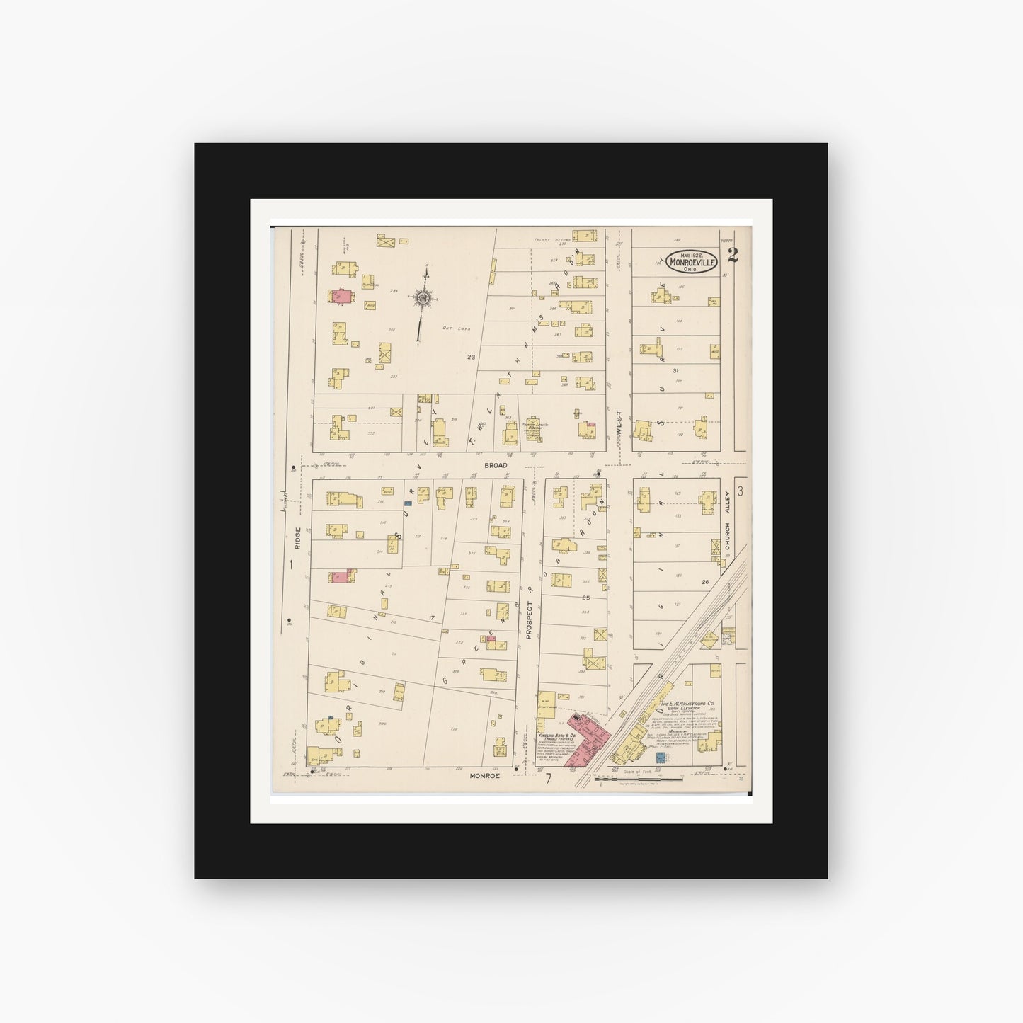 Old map wall art mockup — black gallery frame with white mat — Sanborn Fire Insurance Map from Monroeville, Huron County, Ohio (1922), Sheet #0002