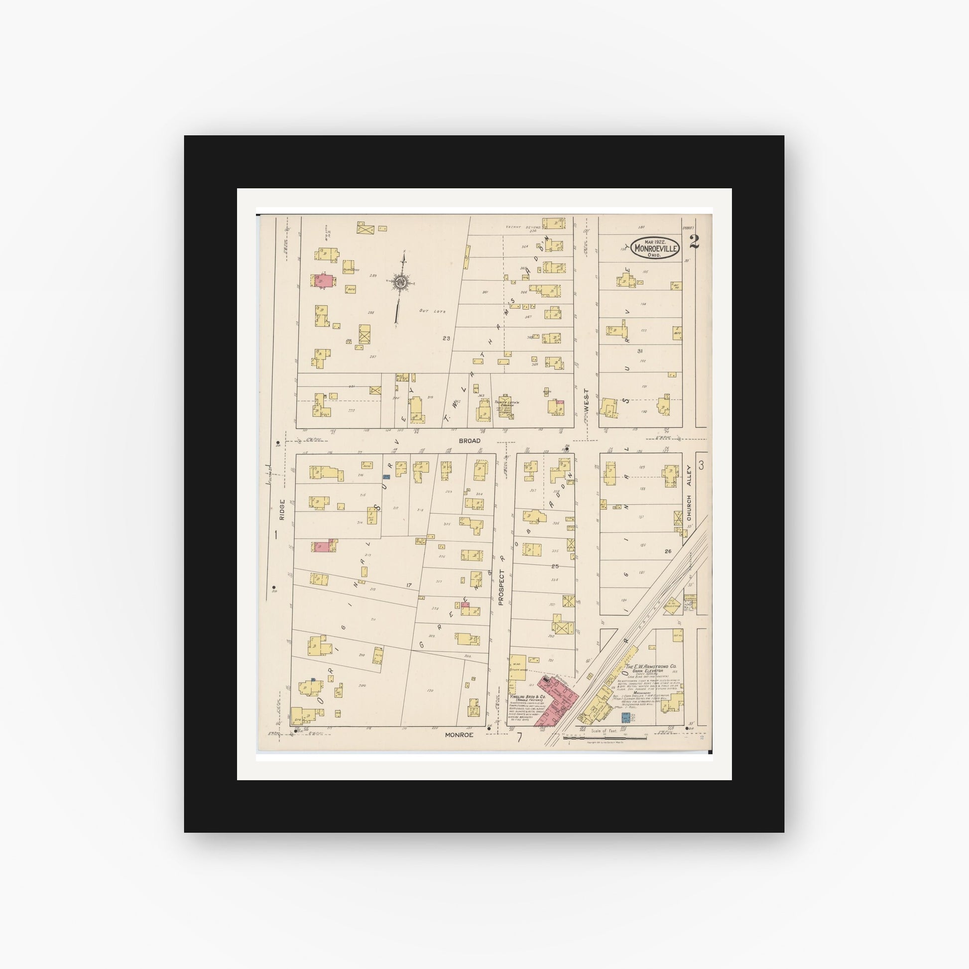 Old map wall art mockup — black gallery frame with white mat — Sanborn Fire Insurance Map from Monroeville, Huron County, Ohio (1922), Sheet #0002