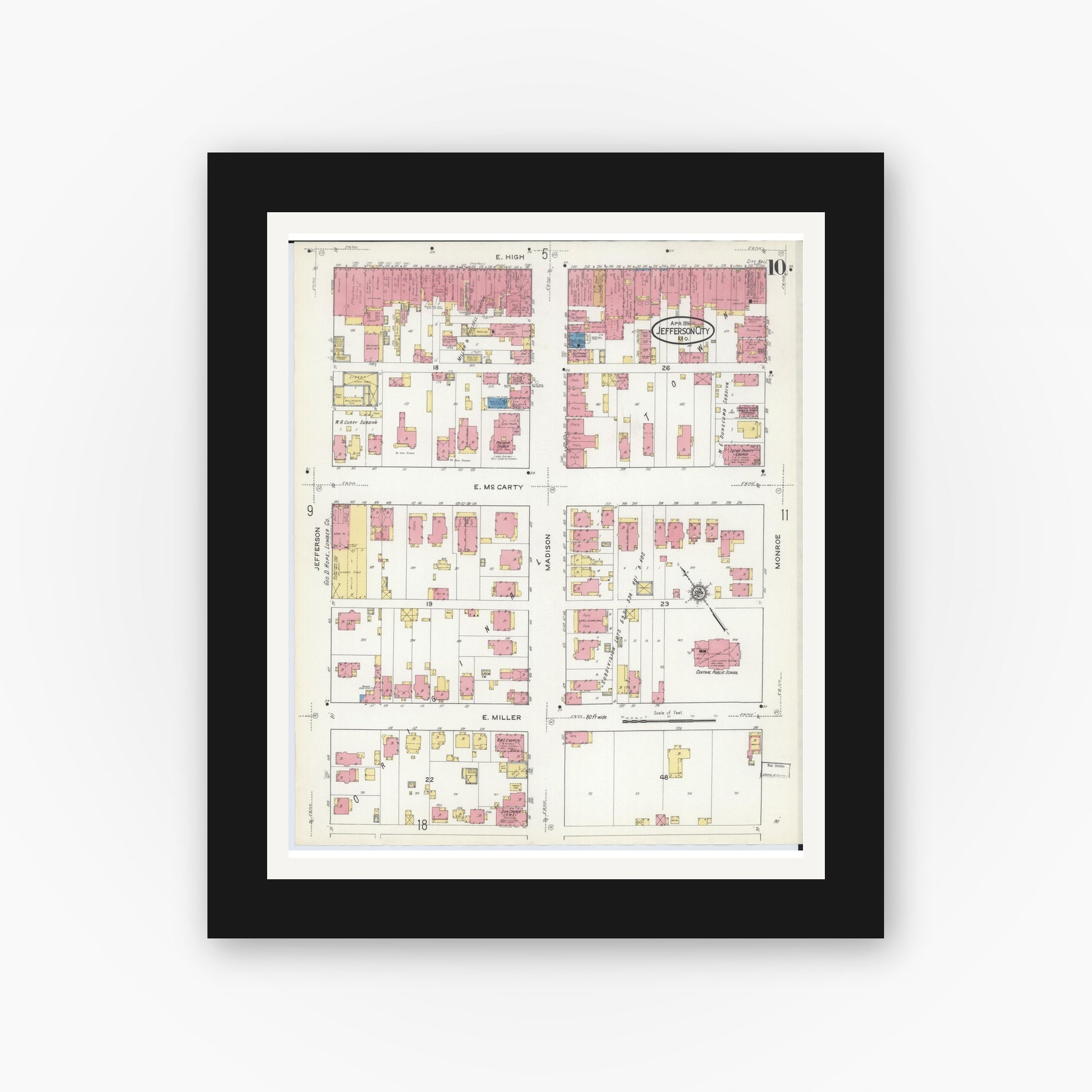 Old map wall art mockup — black gallery frame with white mat — Sanborn Fire Insurance Map from Jefferson City, Cole County, Missouri (1916), Sheet #0010