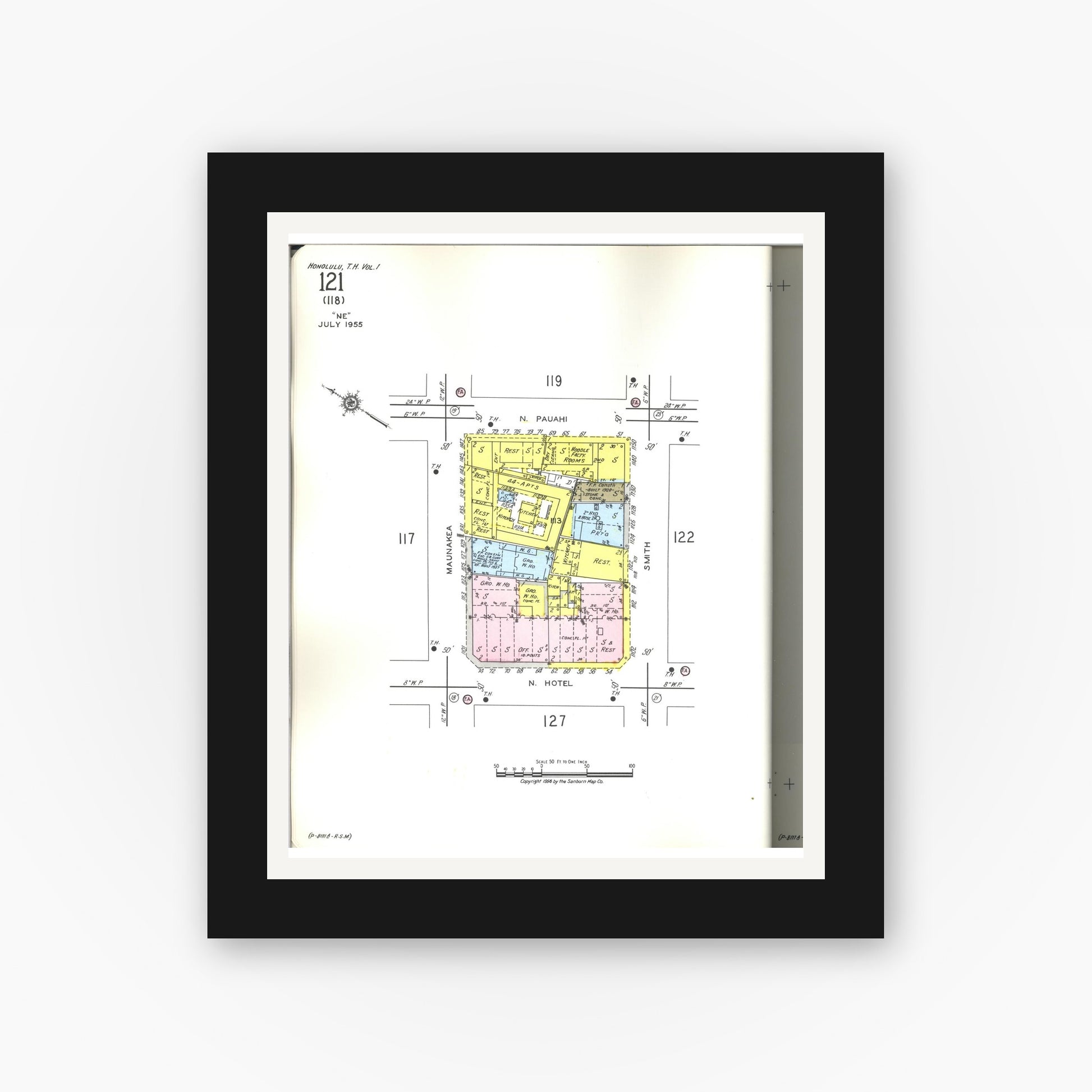 Old map wall art mockup — black gallery frame with white mat — Sanborn Fire Insurance Map from Honolulu, Oahu County, Hawaii (1955), Sheet #0121