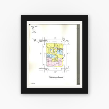 Old map wall art mockup — black gallery frame with white mat — Sanborn Fire Insurance Map from Honolulu, Oahu County, Hawaii (1955), Sheet #0121