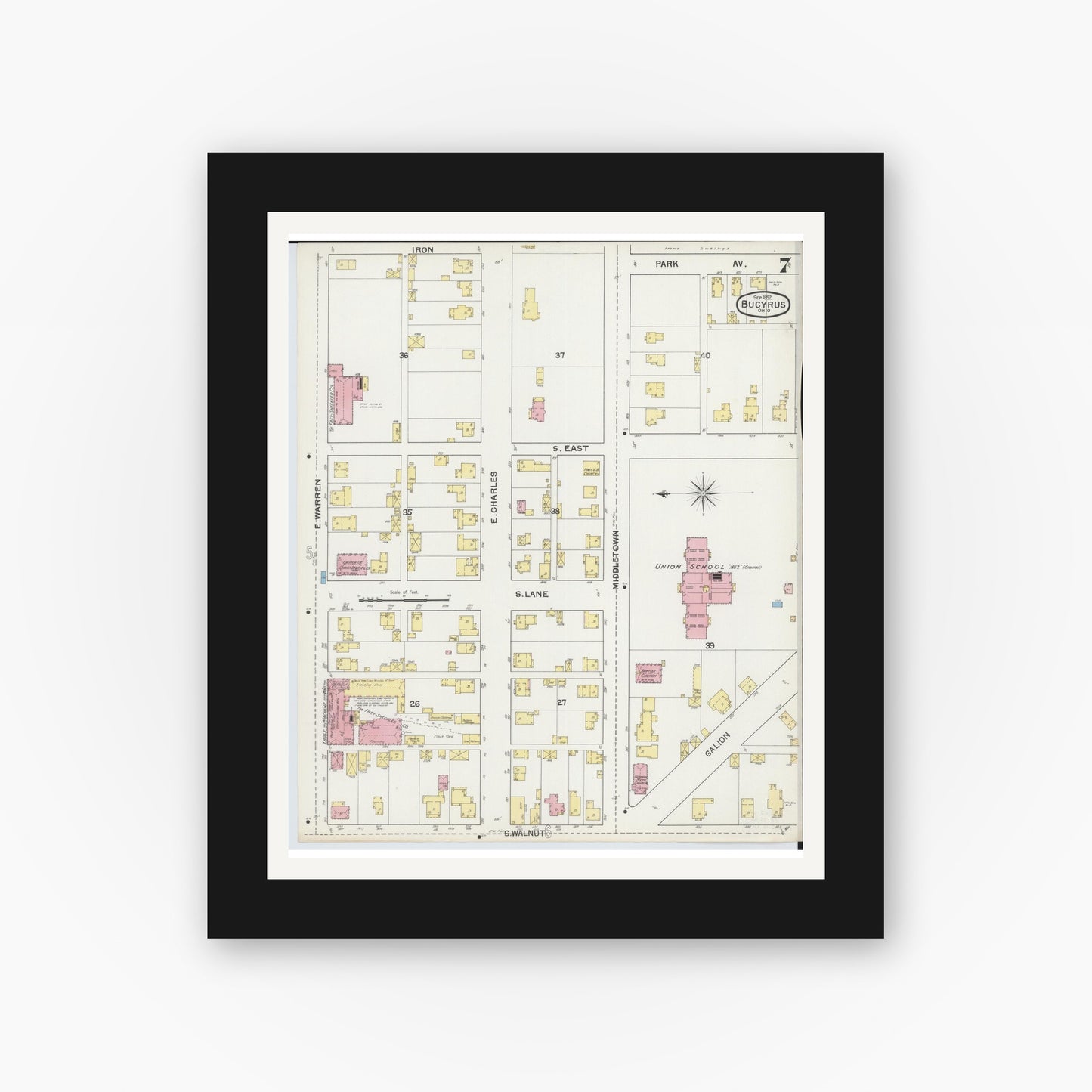 Old map wall art mockup — black gallery frame with white mat — Sanborn Fire Insurance Map from Bucyrus, Crawford County, Ohio (1892), Sheet #0007