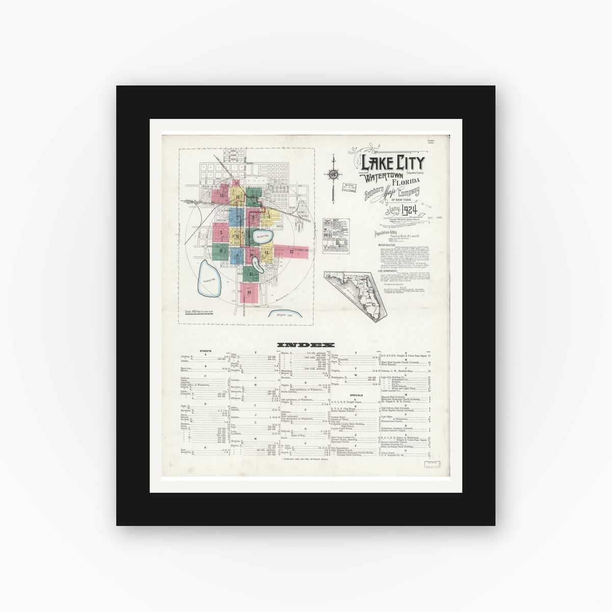 Old map wall art mockup — black gallery frame with white mat — Sanborn Fire Insurance Map from Lake City, Columbia County, Florida (1924) - Complete Map Set