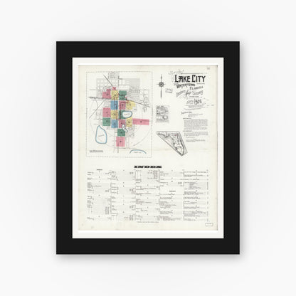 Old map wall art mockup — black gallery frame with white mat — Sanborn Fire Insurance Map from Lake City, Columbia County, Florida (1924) - Complete Map Set