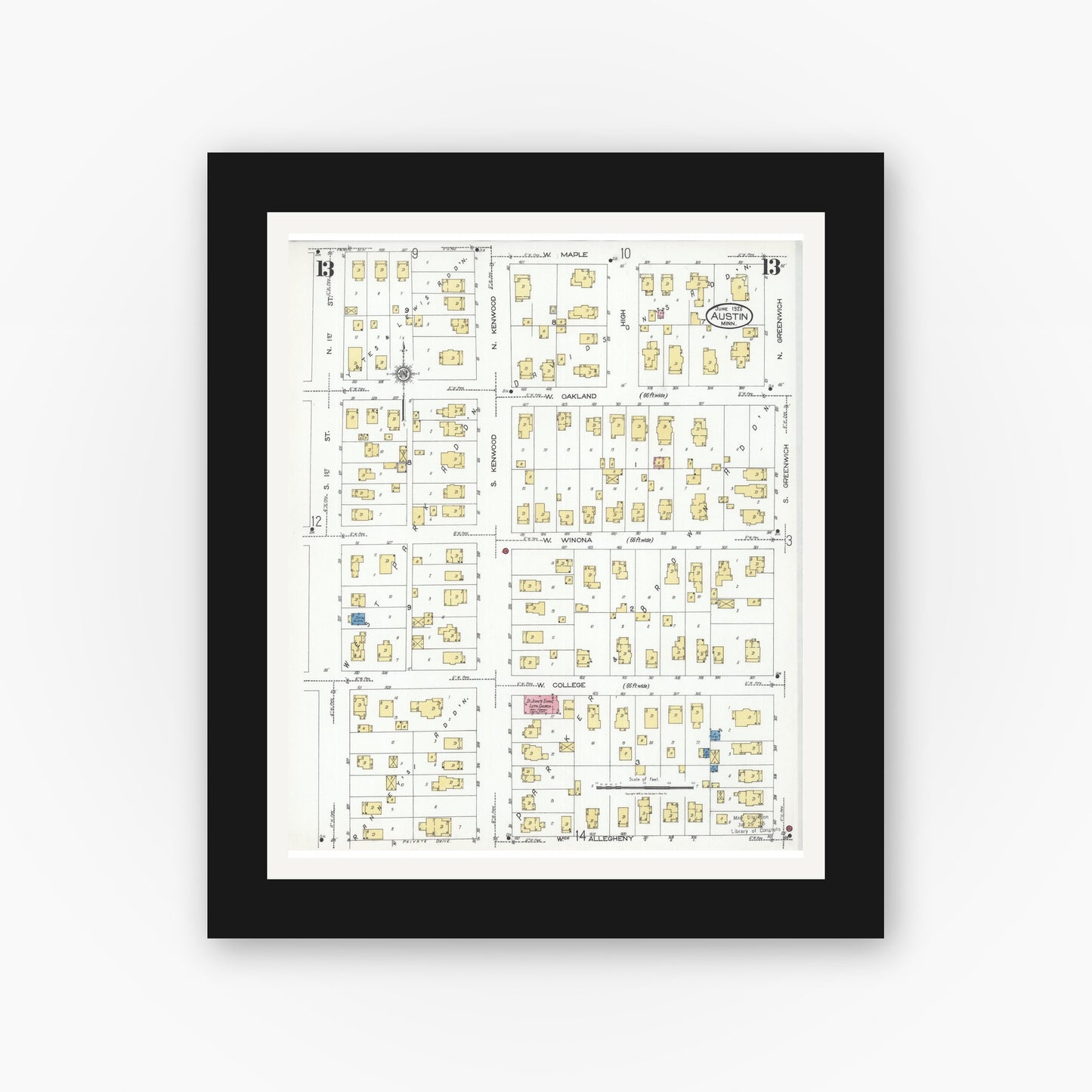 Old map wall art mockup — black gallery frame with white mat — Sanborn Fire Insurance Map from Austin, Mower County, Minnesota (1926), Sheet #0013