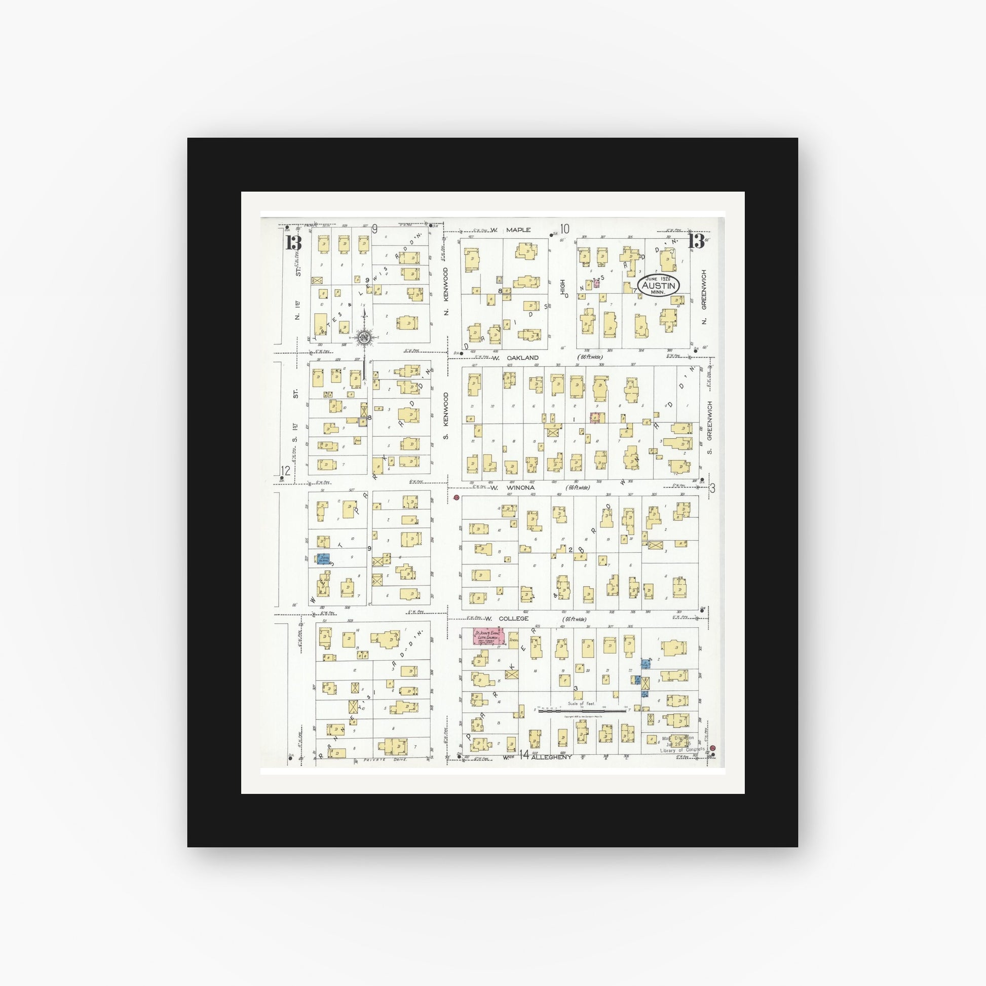 Old map wall art mockup — black gallery frame with white mat — Sanborn Fire Insurance Map from Austin, Mower County, Minnesota (1926), Sheet #0013
