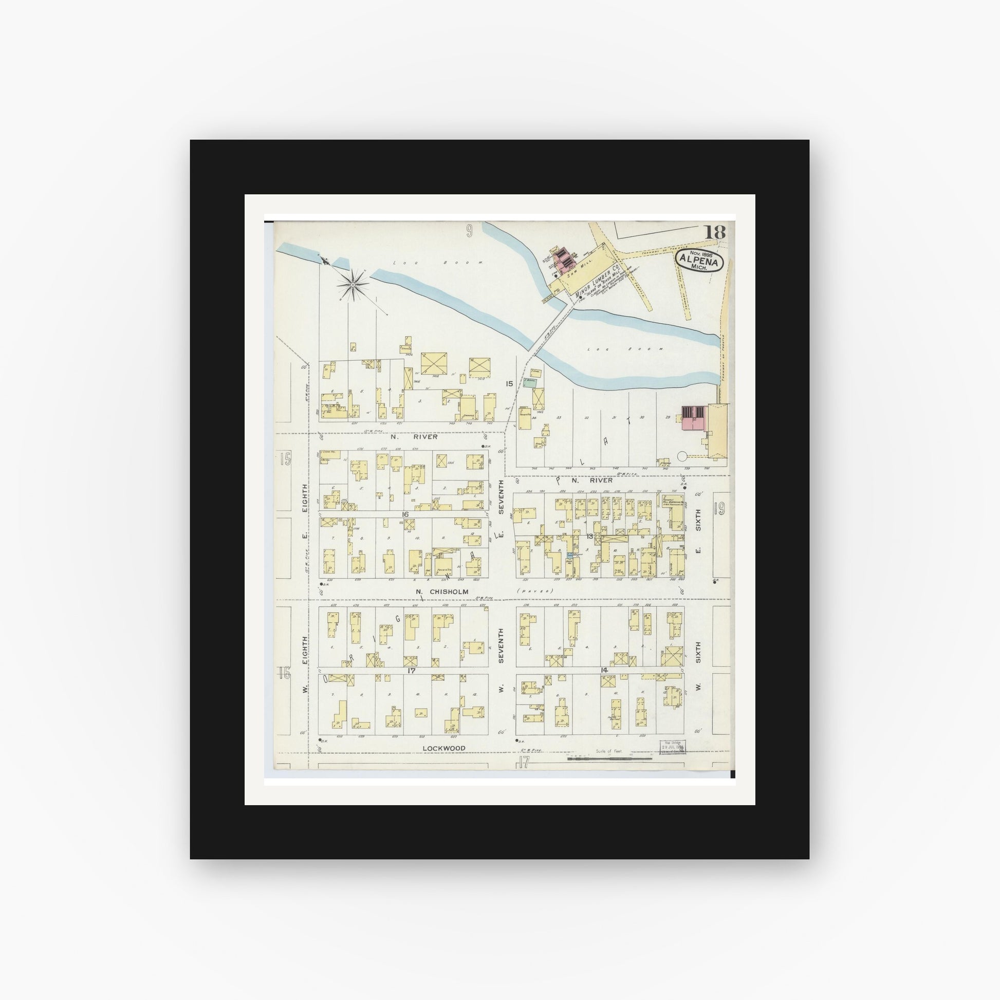 Old map wall art mockup — black gallery frame with white mat — Sanborn Fire Insurance Map from Alpena, Alpena County, Michigan (1895), Sheet #0018