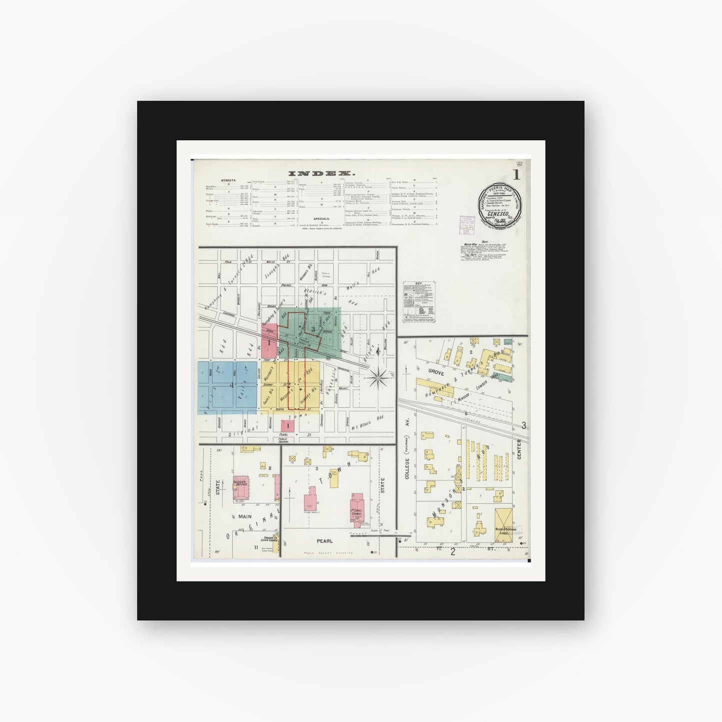 Old map wall art mockup — black gallery frame with white mat — Sanborn Fire Insurance Map from Geneseo, Henry County, Illinois (1901) - Complete Map Set