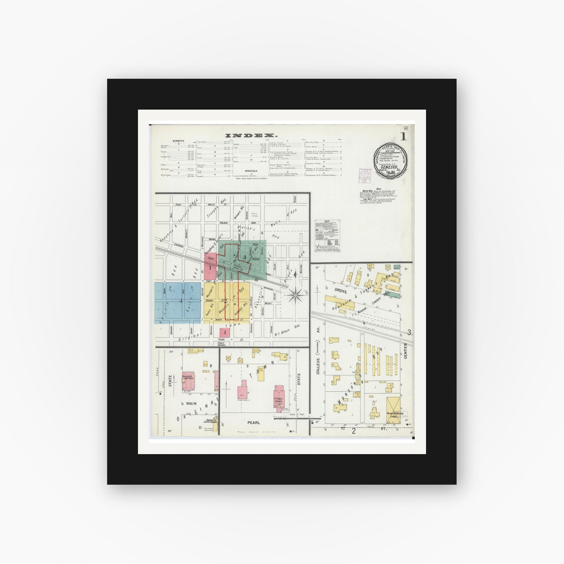 Old map wall art mockup — black gallery frame with white mat — Sanborn Fire Insurance Map from Geneseo, Henry County, Illinois (1901) - Complete Map Set