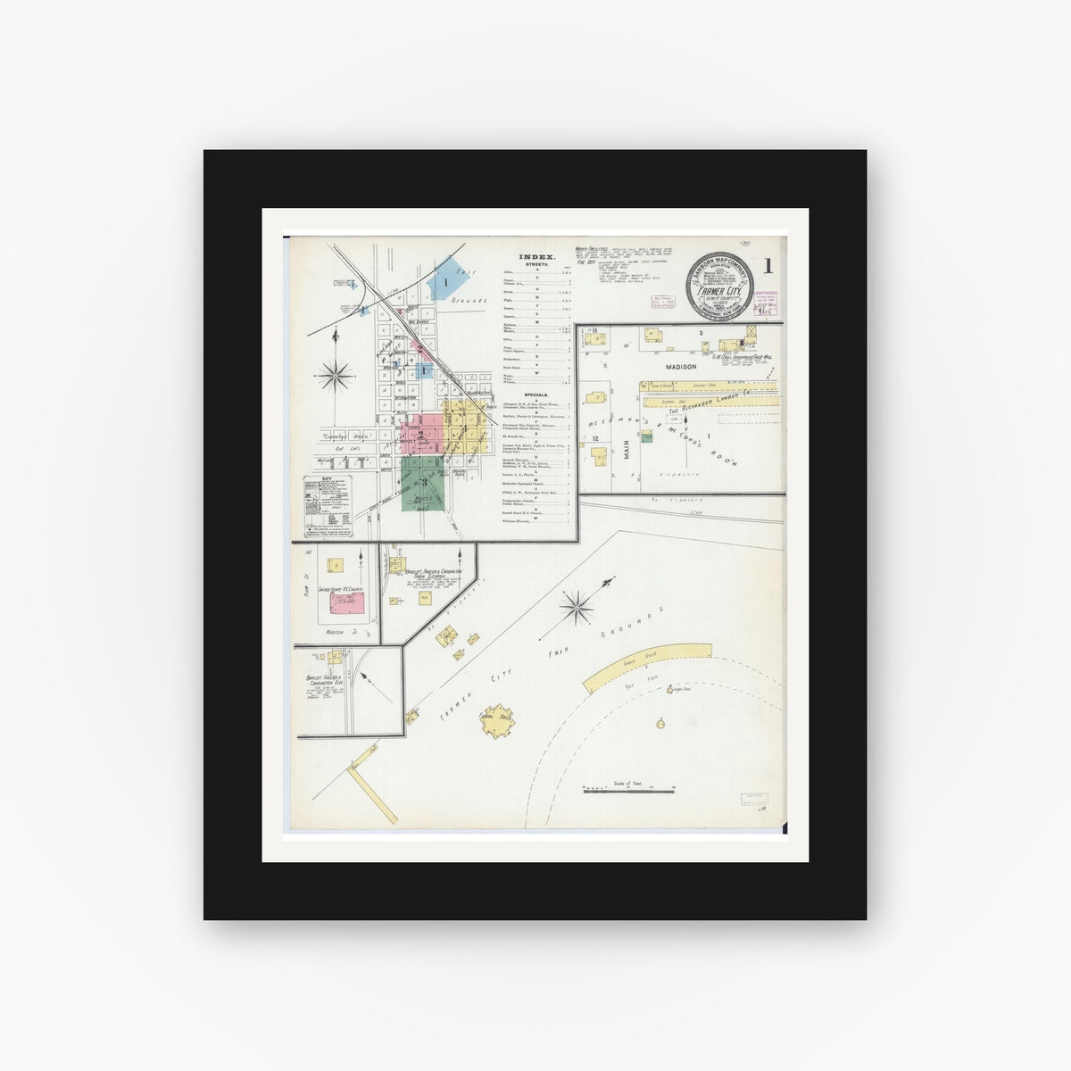 Old map wall art mockup — black gallery frame with white mat — Sanborn Fire Insurance Map from Farmer City, De Witt County, Illinois (1906) - Complete Map Set