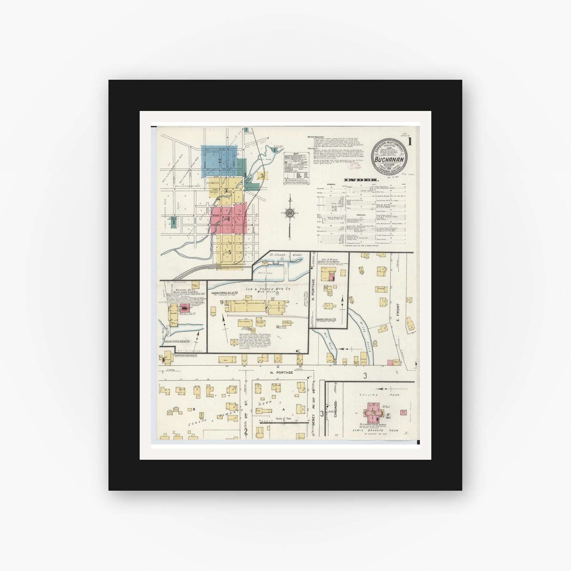 Old map wall art mockup — black gallery frame with white mat — Sanborn Fire Insurance Map from Buchanan, Berrien County, Michigan (1911) - Complete Map Set