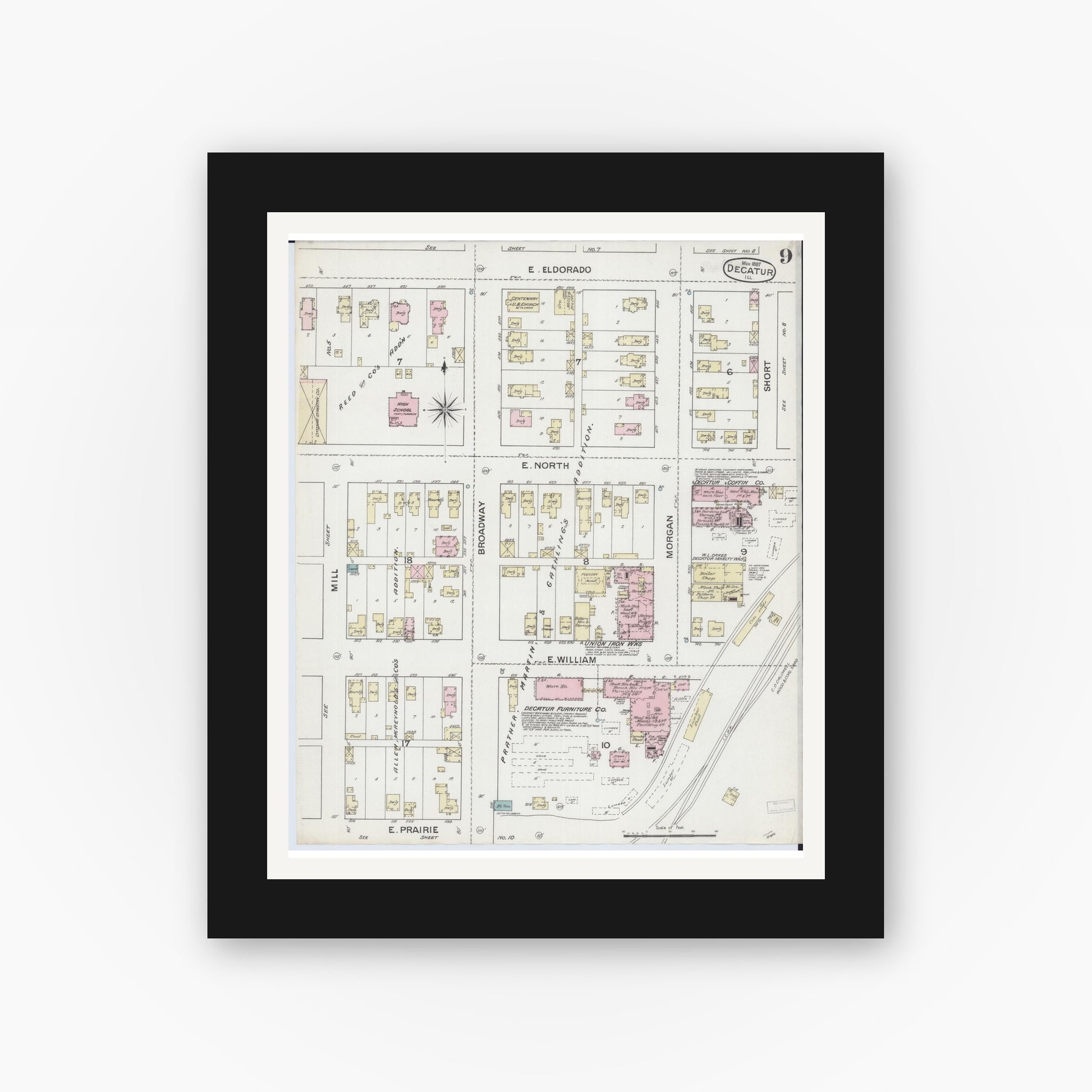Old map wall art mockup — black gallery frame with white mat — Sanborn Fire Insurance Map from Decatur, Macon County, Illinois (1887), Sheet #0009