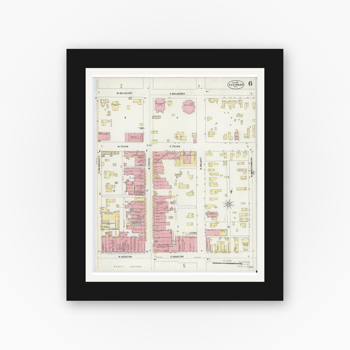Old map wall art mockup — black gallery frame with white mat — Sanborn Fire Insurance Map from Sherman, Grayson County, Texas (1897), Sheet #0006
