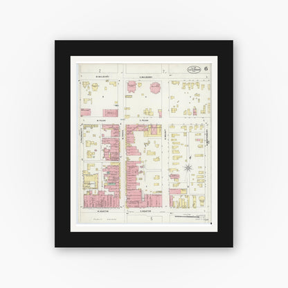 Old map wall art mockup — black gallery frame with white mat — Sanborn Fire Insurance Map from Sherman, Grayson County, Texas (1897), Sheet #0006