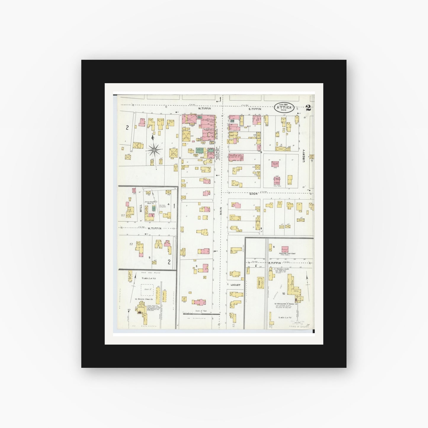 Old map wall art mockup — black gallery frame with white mat — Sanborn Fire Insurance Map from Attica, Seneca County, Ohio (1904), Sheet #0002