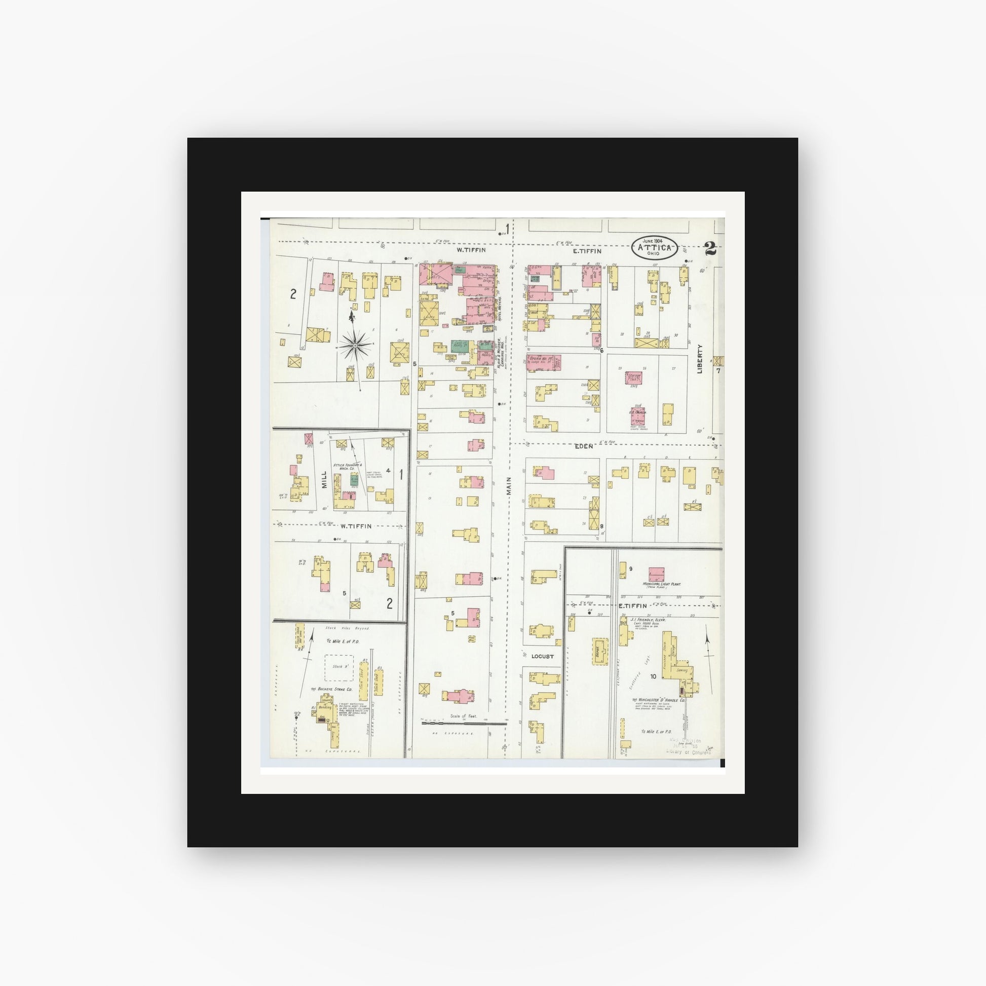 Old map wall art mockup — black gallery frame with white mat — Sanborn Fire Insurance Map from Attica, Seneca County, Ohio (1904), Sheet #0002