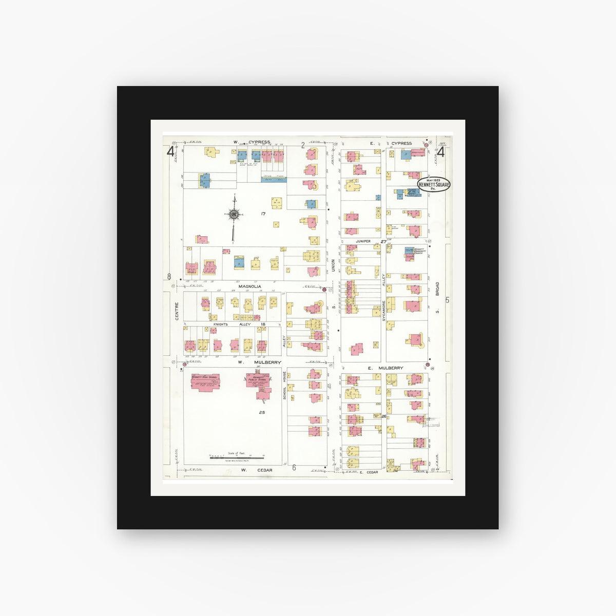 Old map wall art mockup — black gallery frame with white mat — Sanborn Fire Insurance Map from Kennett Square, Chester County, Pennsylvania (1923), Sheet #0004