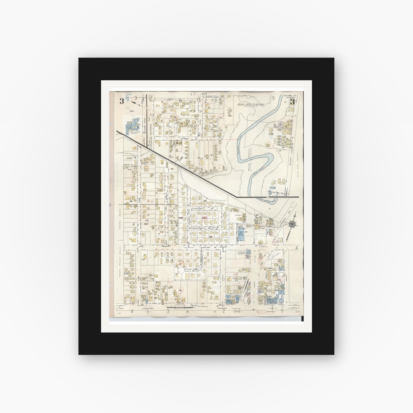 Old map wall art mockup — black gallery frame with white mat — Sanborn Fire Insurance Map from Wahiawa, Honolulu County, Hawaii (1957), Sheet #0003