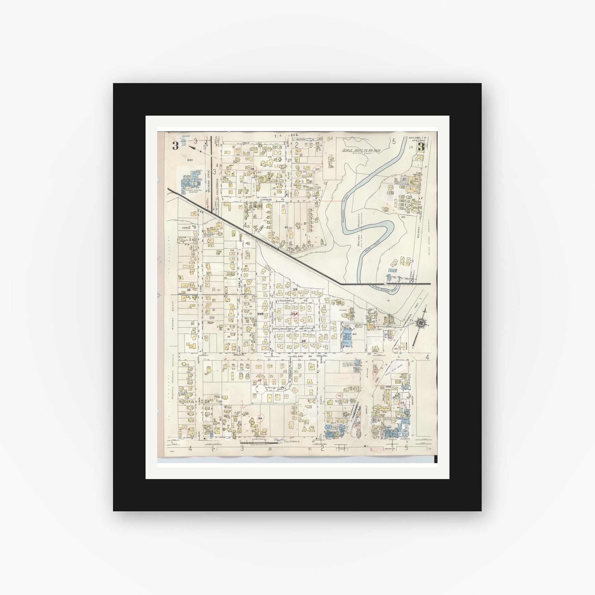 Old map wall art mockup — black gallery frame with white mat — Sanborn Fire Insurance Map from Wahiawa, Honolulu County, Hawaii (1957), Sheet #0003