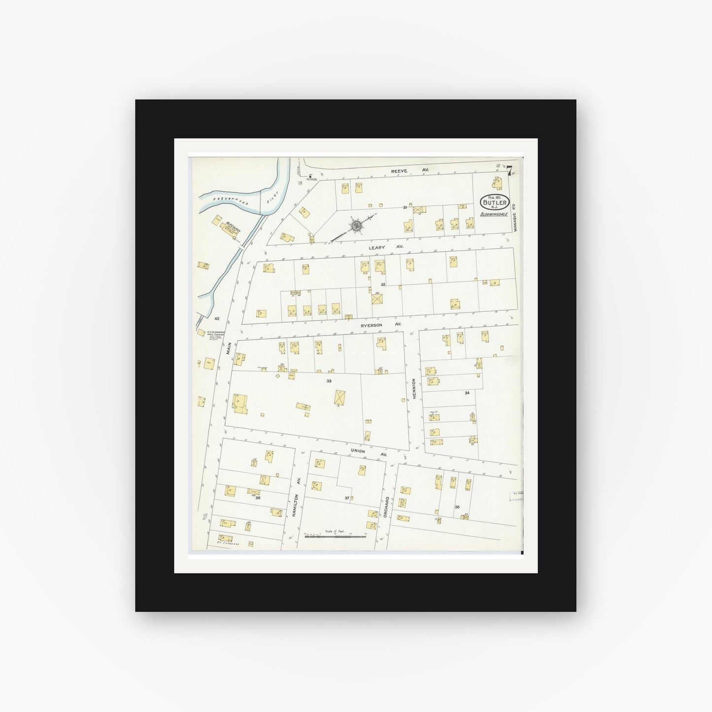 Old map wall art mockup — black gallery frame with white mat — Sanborn Fire Insurance Map from Butler, Morris County, New Jersey (1911), Sheet #0007