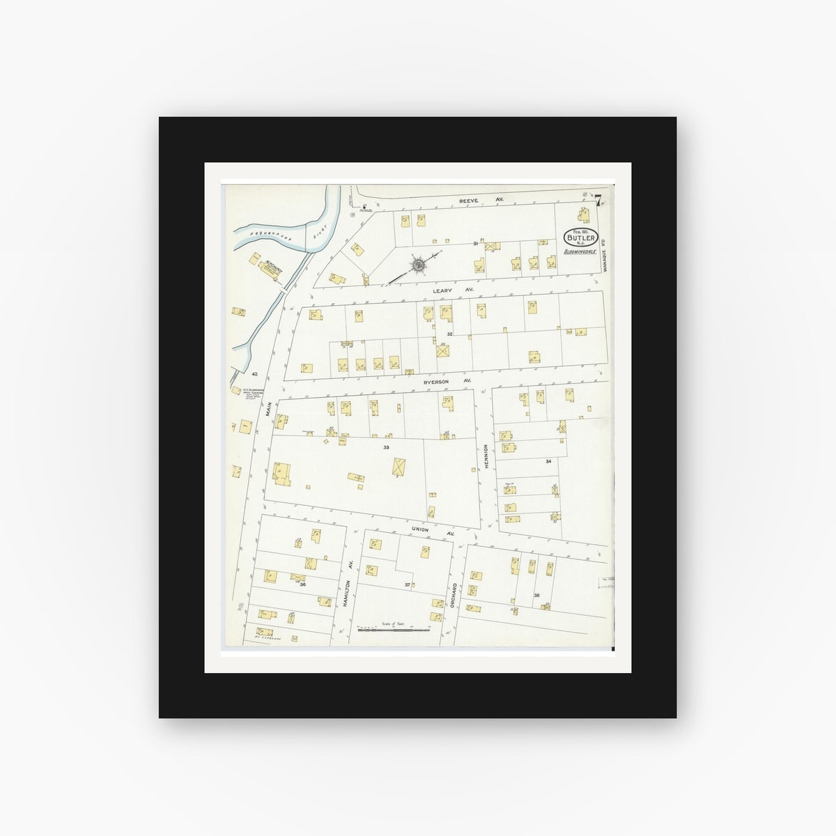 Old map wall art mockup — black gallery frame with white mat — Sanborn Fire Insurance Map from Butler, Morris County, New Jersey (1911), Sheet #0007