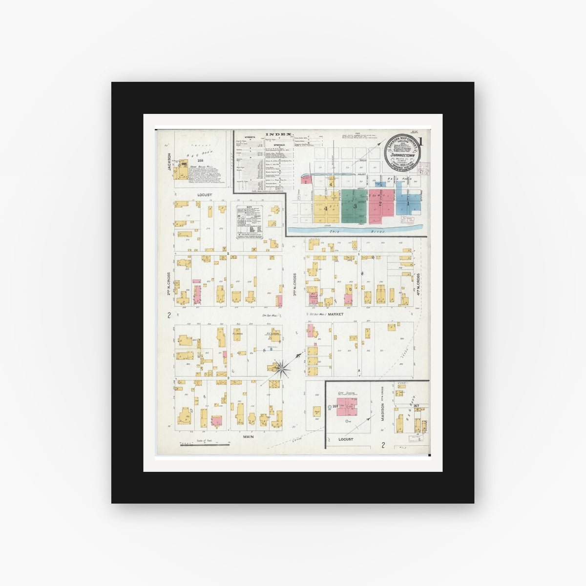 Old map wall art mockup — black gallery frame with white mat — Sanborn Fire Insurance Map from Shawneetown, Gallatin County, Illinois (1906), Sheet #0001
