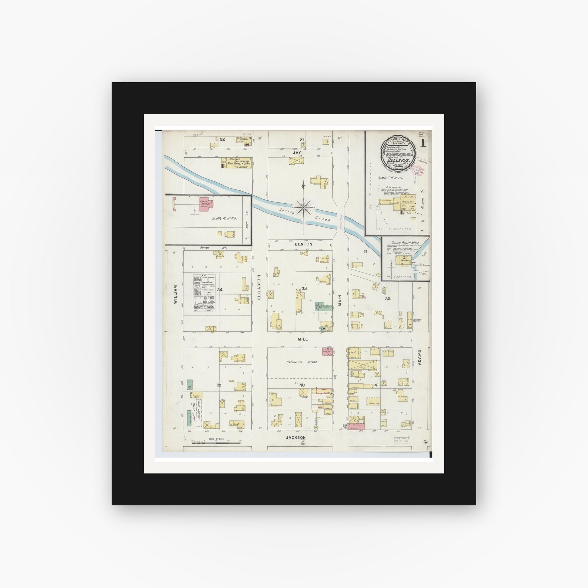 Old map wall art mockup — black gallery frame with white mat — Sanborn Fire Insurance Map from Bellevue, Eaton County, Michigan (1895), Sheet #0001