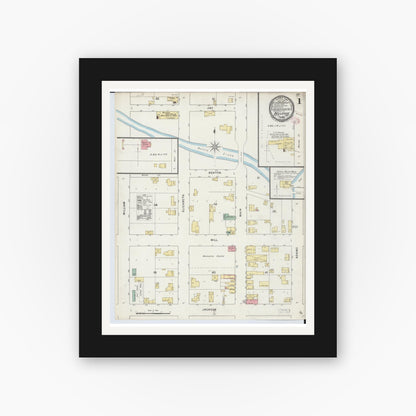 Old map wall art mockup — black gallery frame with white mat — Sanborn Fire Insurance Map from Bellevue, Eaton County, Michigan (1895), Sheet #0001