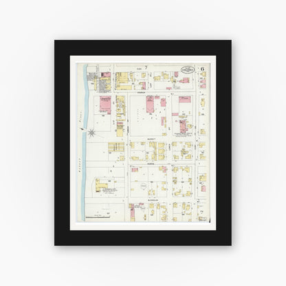 Old map wall art mockup — black gallery frame with white mat — Sanborn Fire Insurance Map from Vincennes, Knox County, Indiana (1897), Sheet #0006