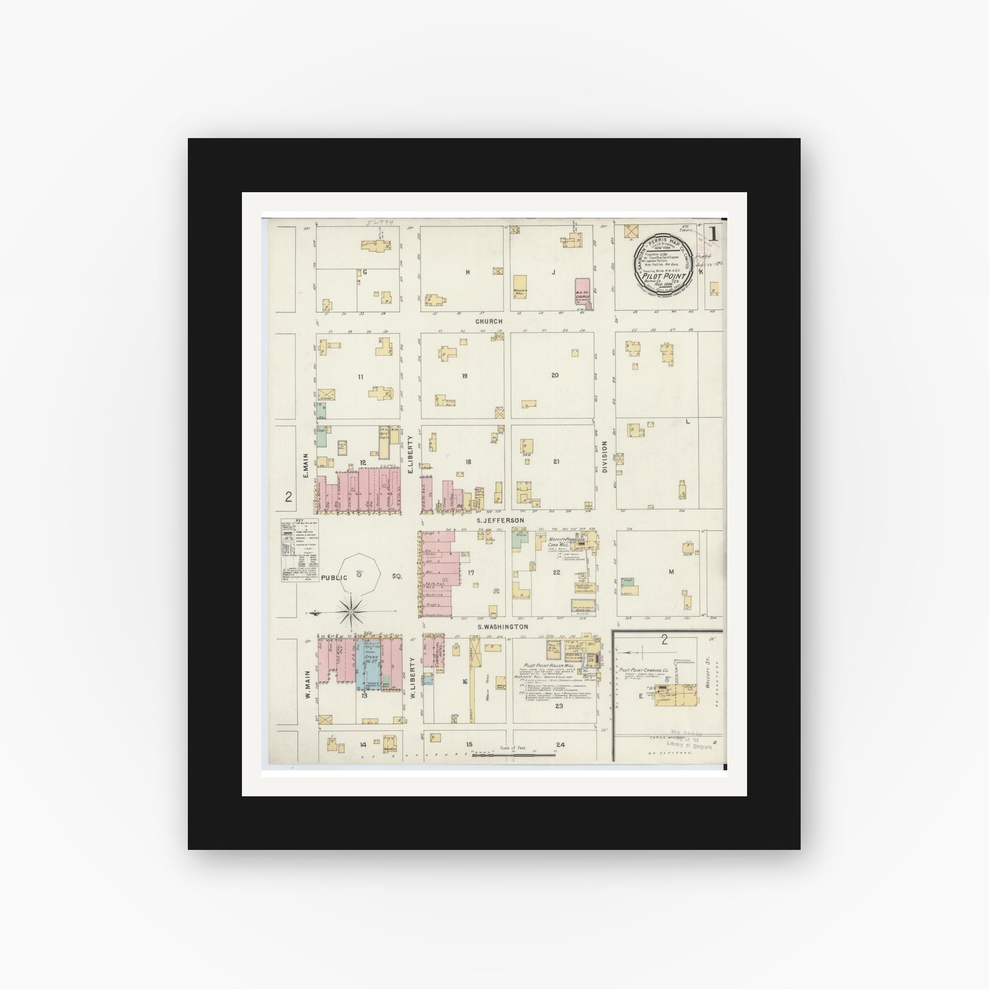 Old map wall art mockup — black gallery frame with white mat — Sanborn Fire Insurance Map from Pilot Point, Denton County, Texas (1896), Sheet #0001