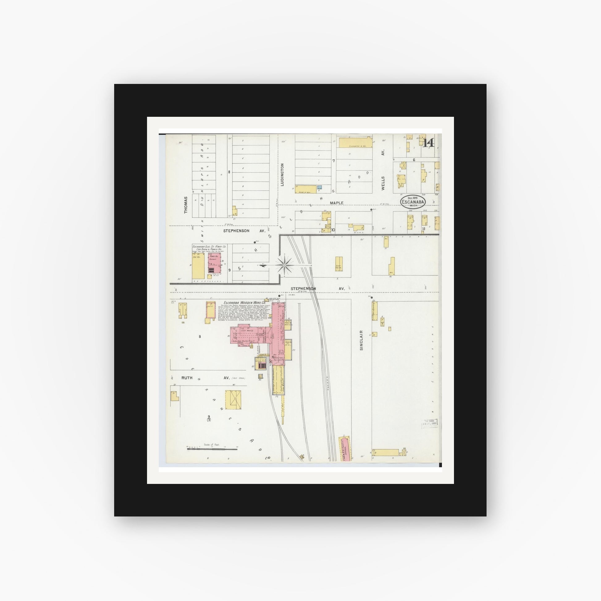 Old map wall art mockup — black gallery frame with white mat — Sanborn Fire Insurance Map from Escanaba, Delta County, Michigan (1899), Sheet #0014