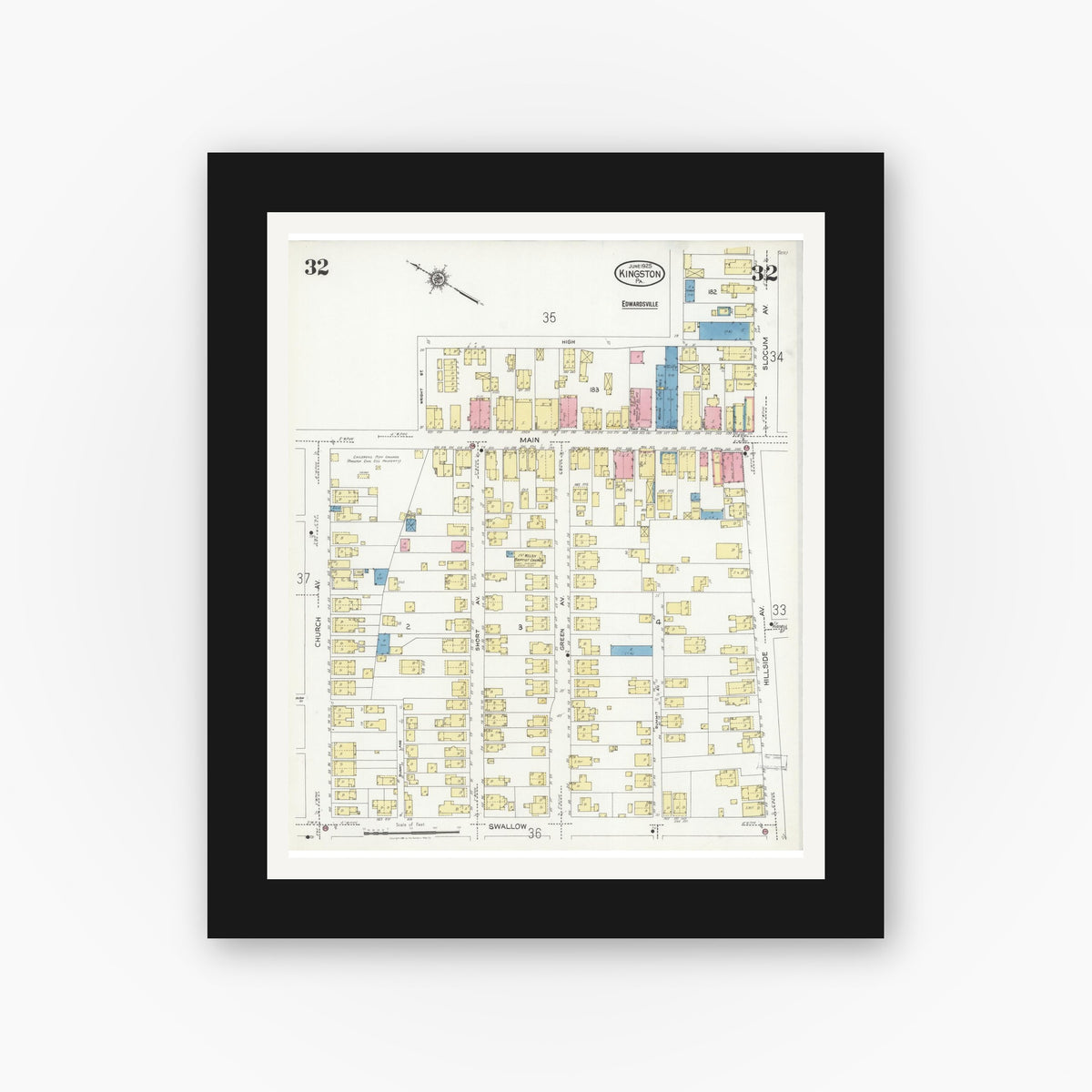 Old map wall art mockup — black gallery frame with white mat — Sanborn Fire Insurance Map from Kingston, Luzerne County, Pennsylvania (1925), Sheet #0032