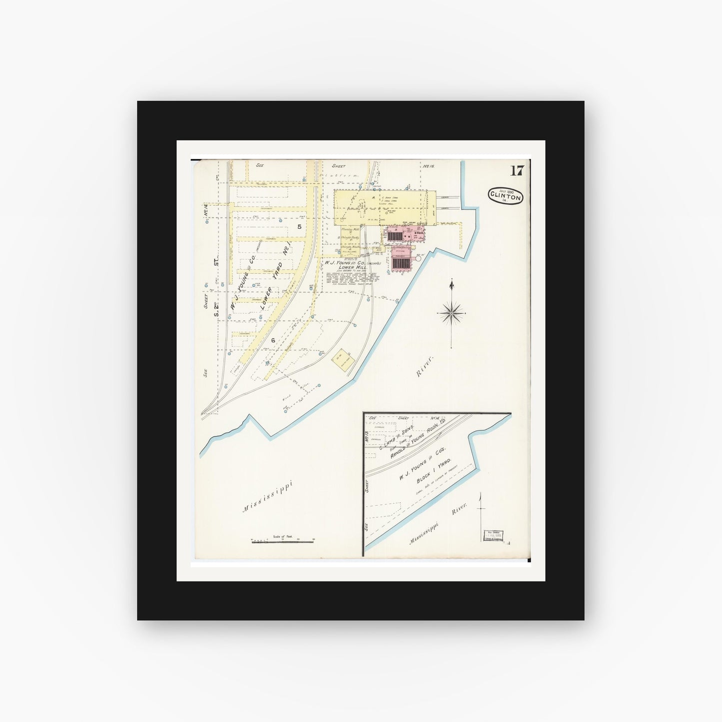 Old map wall art mockup — black gallery frame with white mat — Sanborn Fire Insurance Map from Clinton, Clinton County, Iowa (1890), Sheet #0017