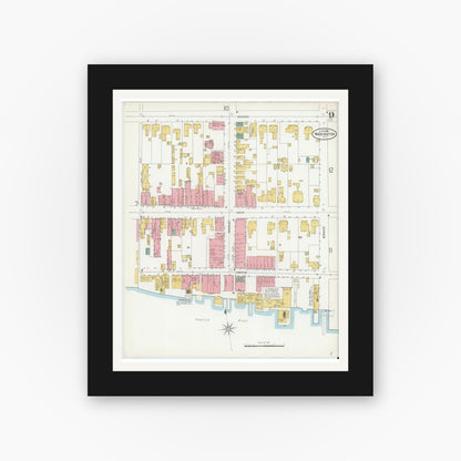 Old map wall art mockup — black gallery frame with white mat — Sanborn Fire Insurance Map from Washington, Beaufort County, North Carolina (1904), Sheet #0009