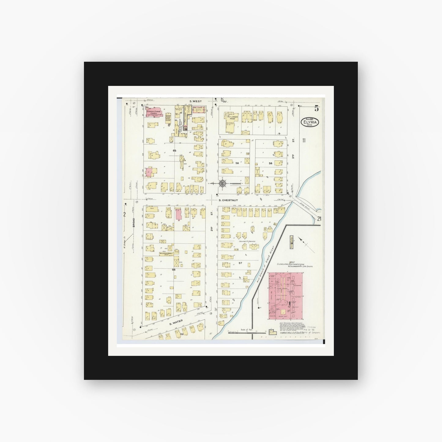 Old map wall art mockup — black gallery frame with white mat — Sanborn Fire Insurance Map from Elyria, Lorain County, Ohio (1910), Sheet #0005