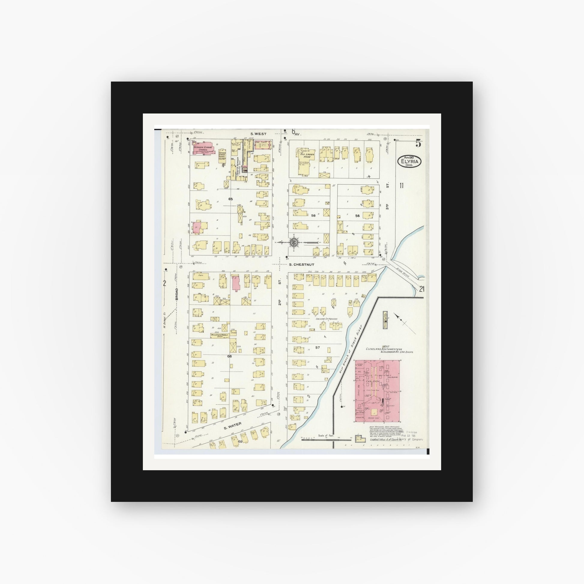 Old map wall art mockup — black gallery frame with white mat — Sanborn Fire Insurance Map from Elyria, Lorain County, Ohio (1910), Sheet #0005